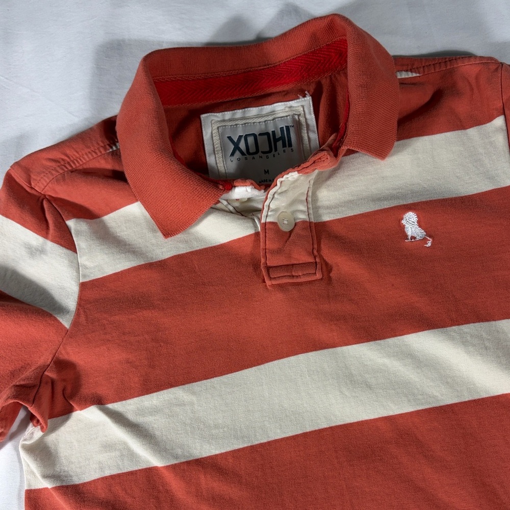 XOCHI mens burnt orange beige horizontal stripe short sleeve polo shirt - size M